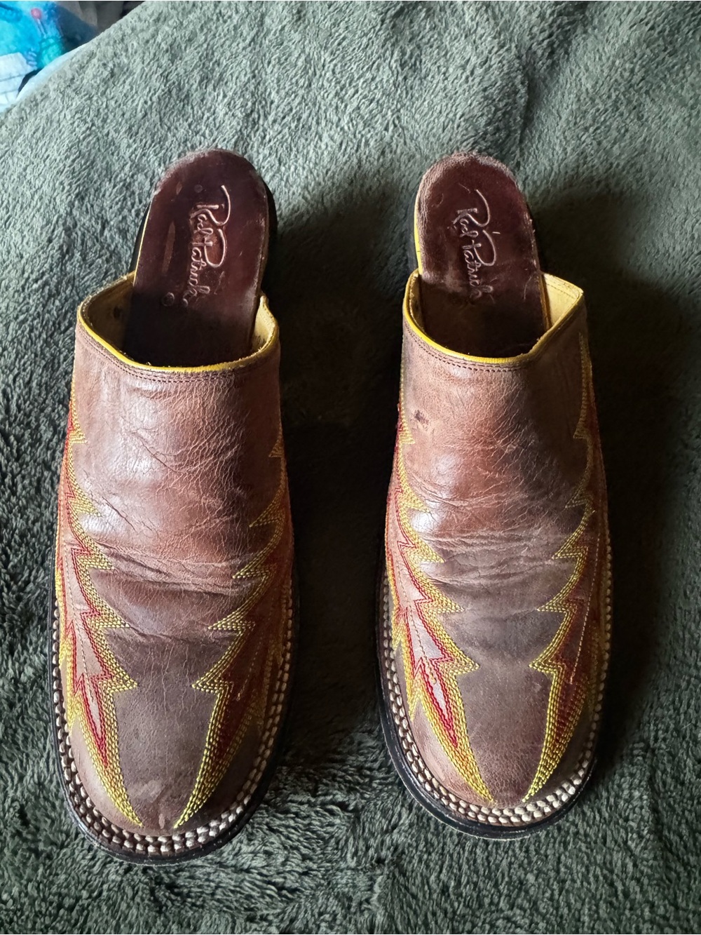 Women’s Rod Patrick Leather Western Mule with Yellow & Red Stitching Size 8